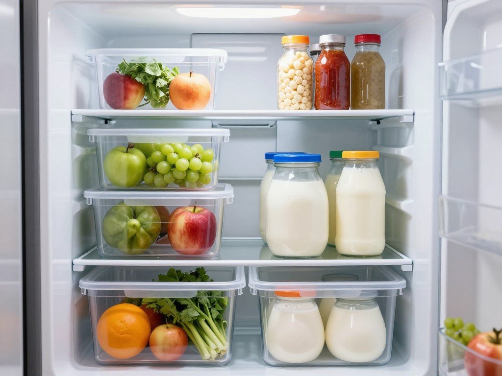 Clear plastic bins organizing produce and items in refrigerator