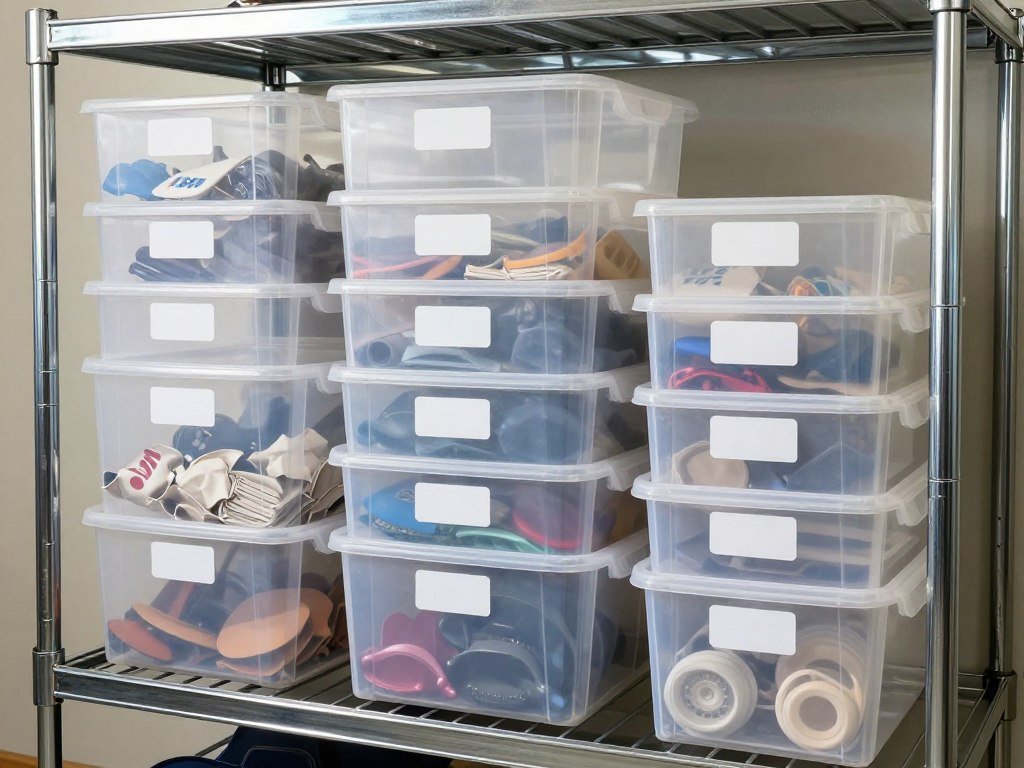 Clear plastic storage bins with labels on garage shelves