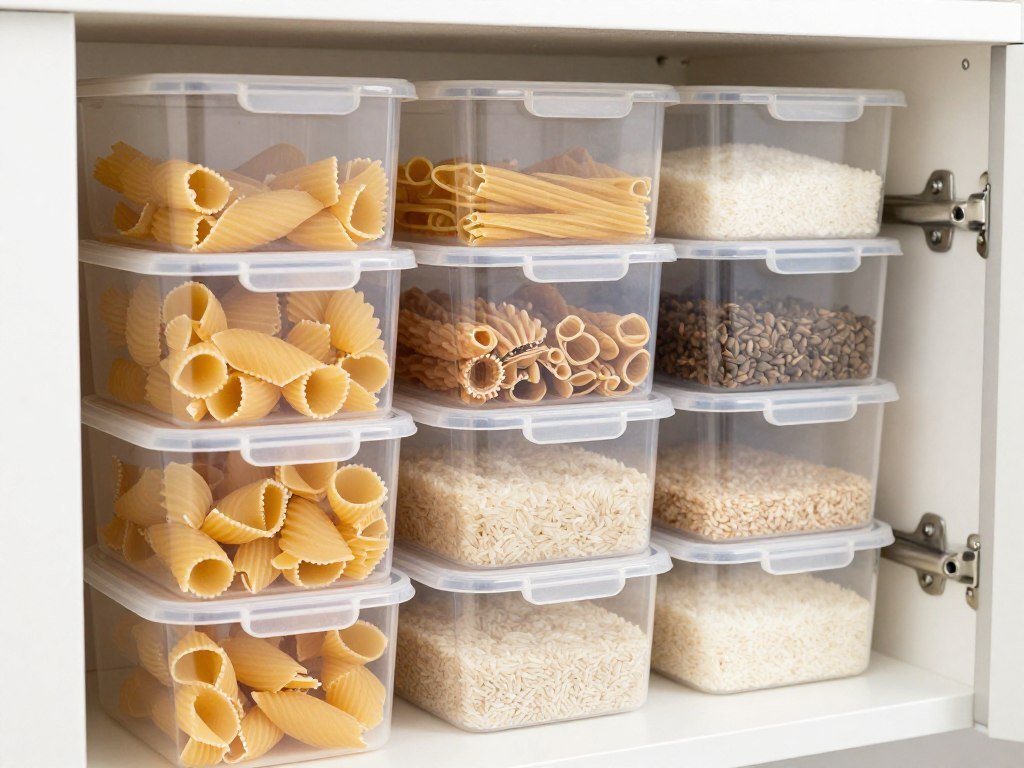 Clear stackable plastic bins organizing pantry items in kitchen cabinet