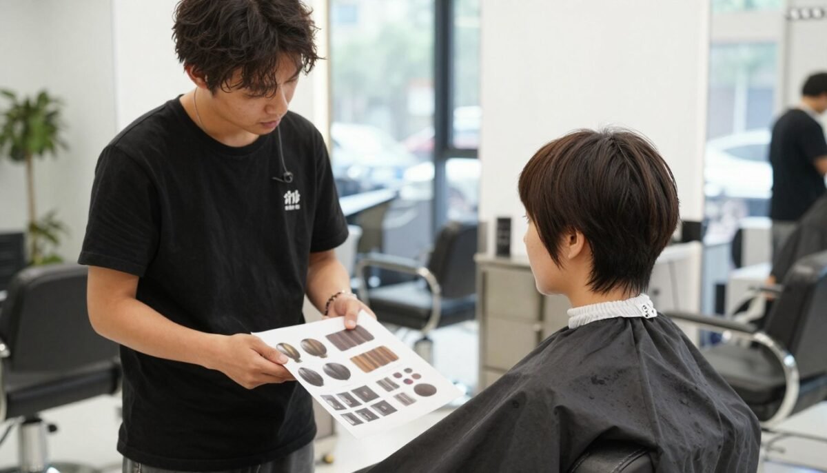 Client consultation with stylist discussing short choppy haircut options