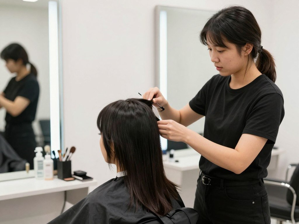 Client providing feedback to stylist during haircut process