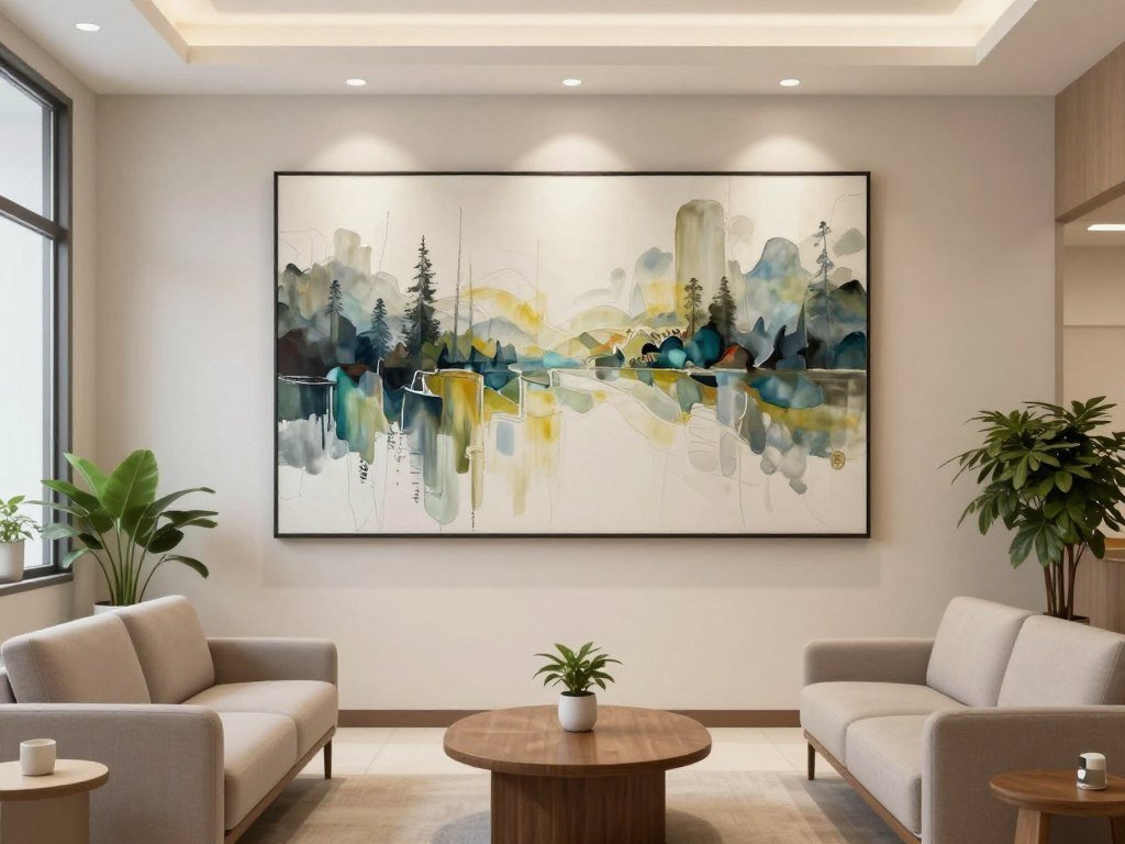 Clinic waiting area featuring large therapeutic nature artwork and comfortable seating