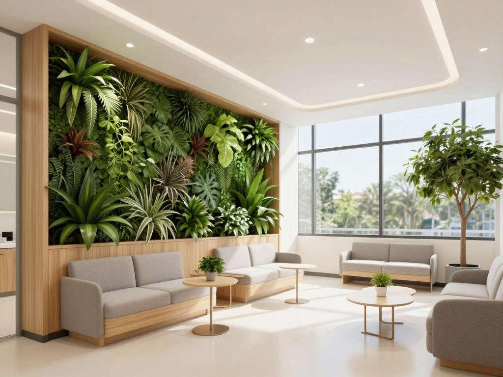 Clinic waiting room featuring biophilic design with living plant wall and natural wood elements