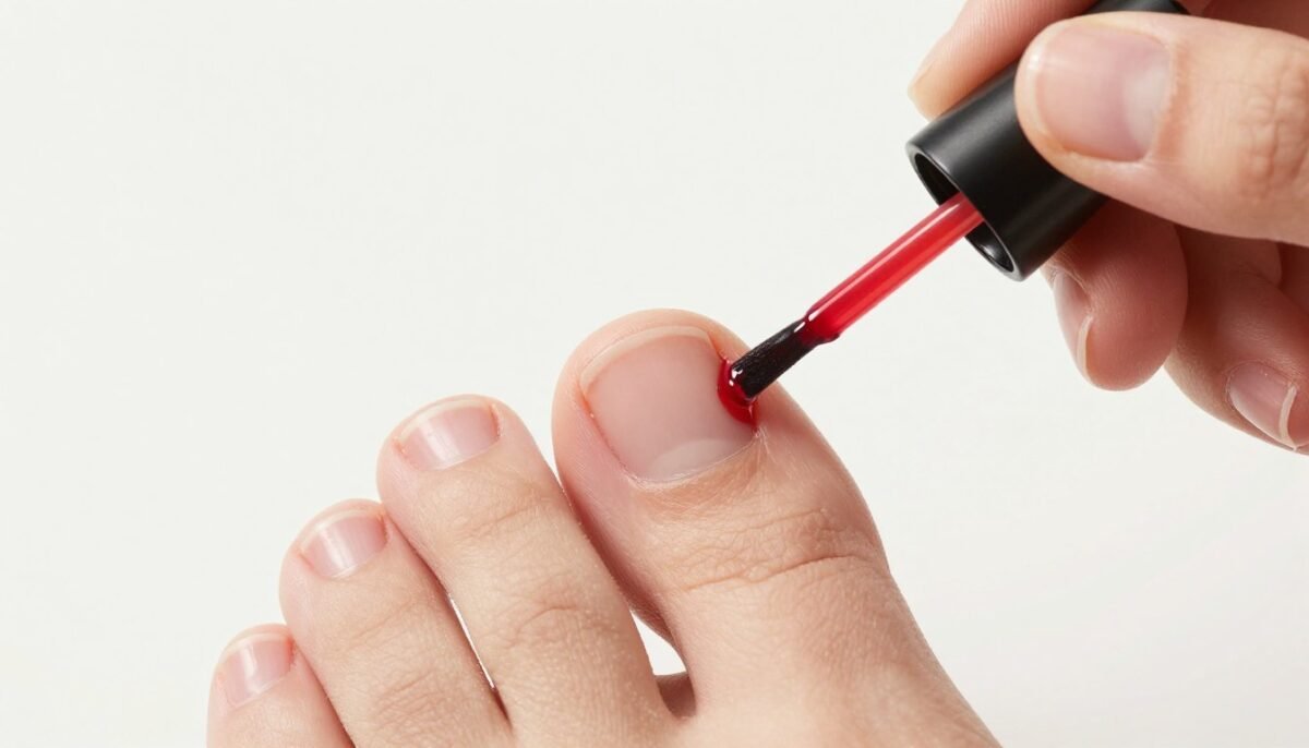Close-up demonstration of applying thin smooth layer of nail polish to toes
