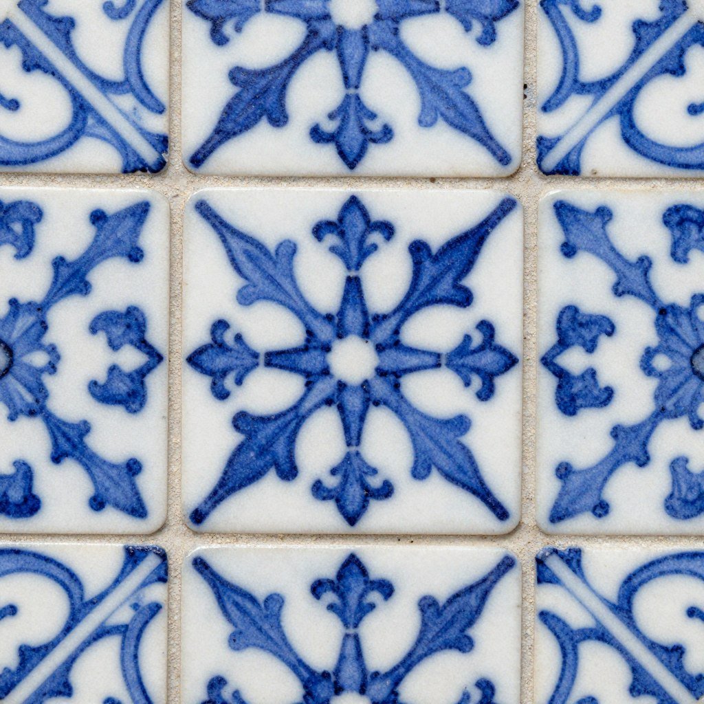 Close-up detail of blue and white patterned floor tiles