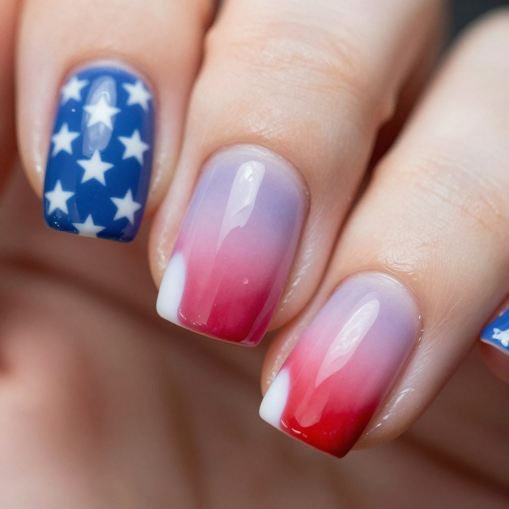 Close-up detail of ombre blending technique on flag nail design