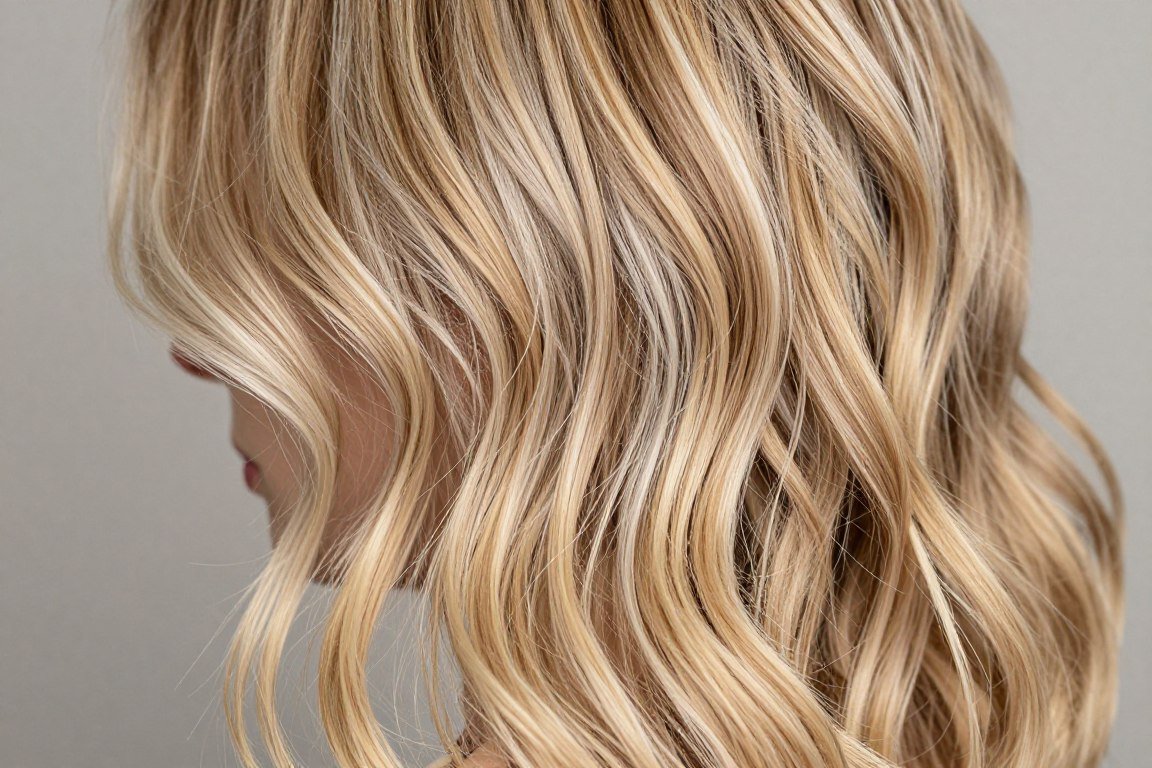 Close-up of blonde highlights in wavy shag showing dimension