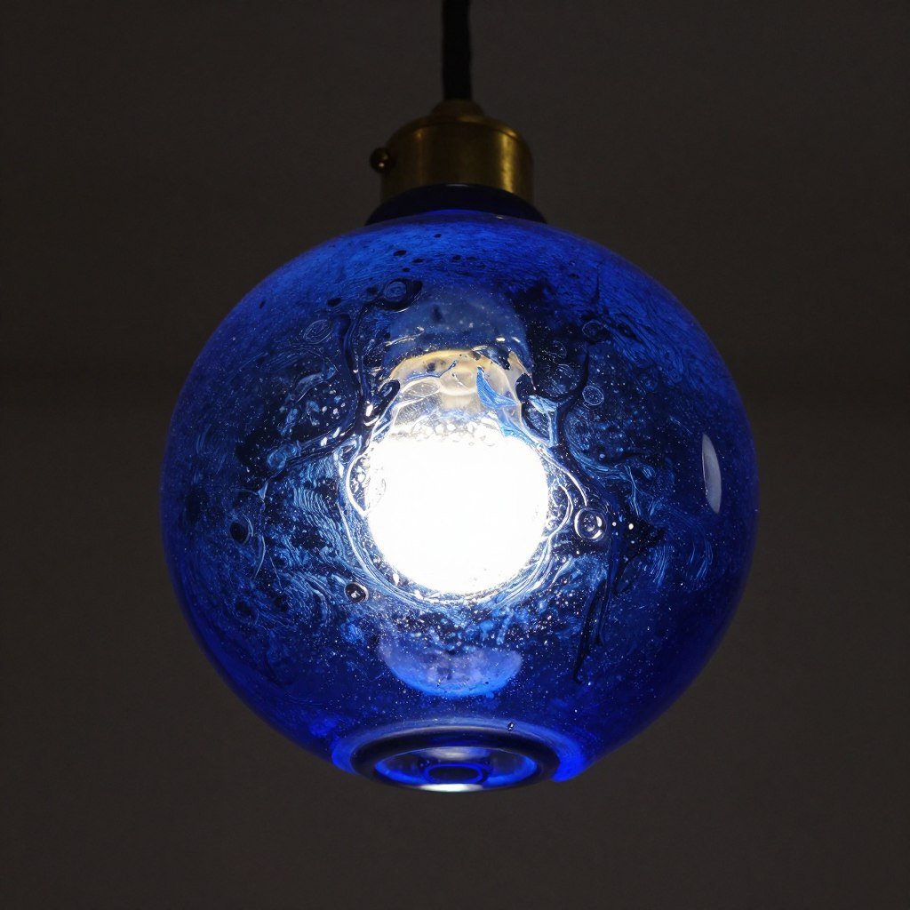 Close-up of blue glass pendant light fixture