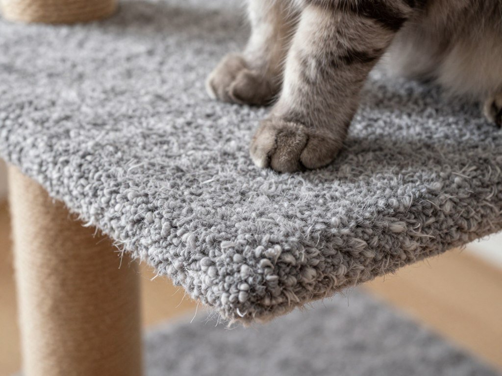 Close-up of carpeted cat shelf showing texture