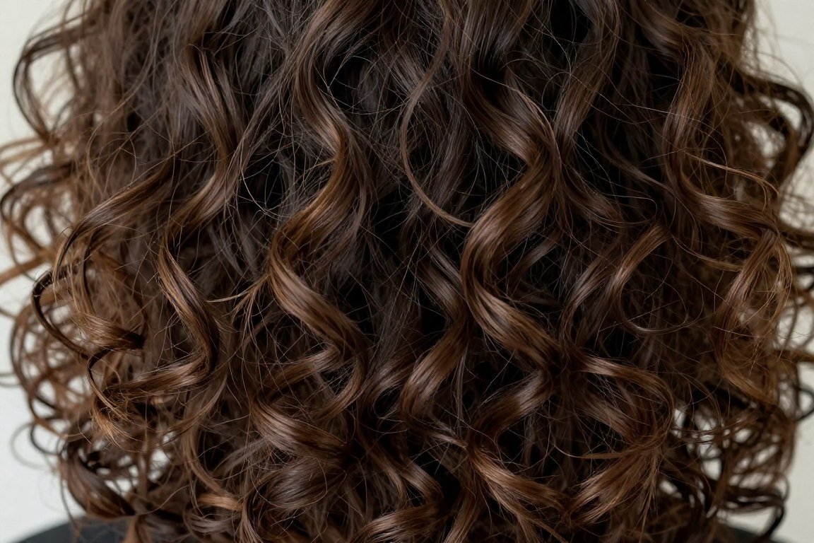 Close-up of curly hair shag showing curl definition in layers