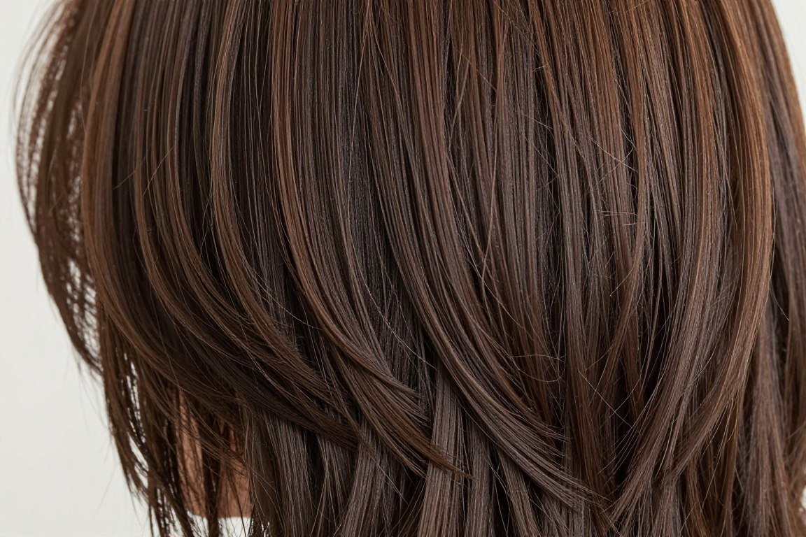 Close-up of feathered choppy layers showing technique detail