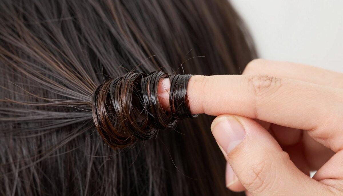Close-up of finger coiling technique on curly hair