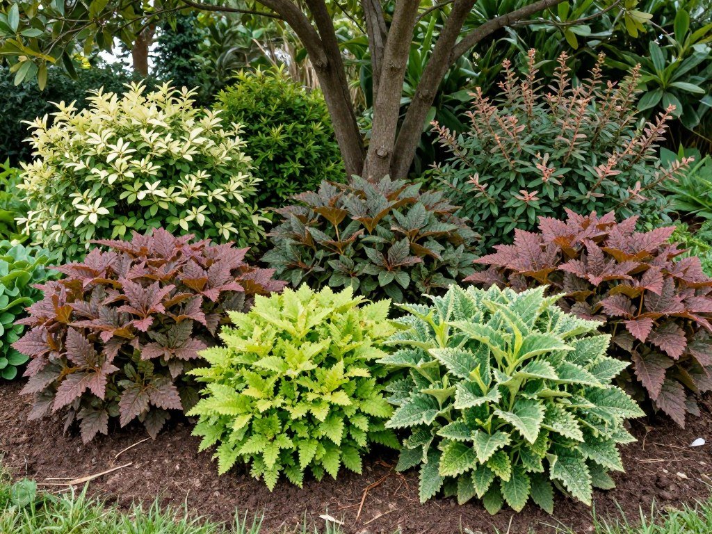 Close-up of healthy shade loving shrubs growing successfully under tree canopy
