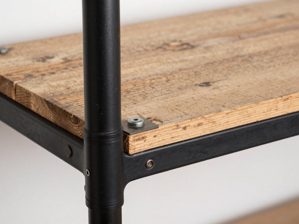 Close-up of industrial pipe and wood cat shelf construction details