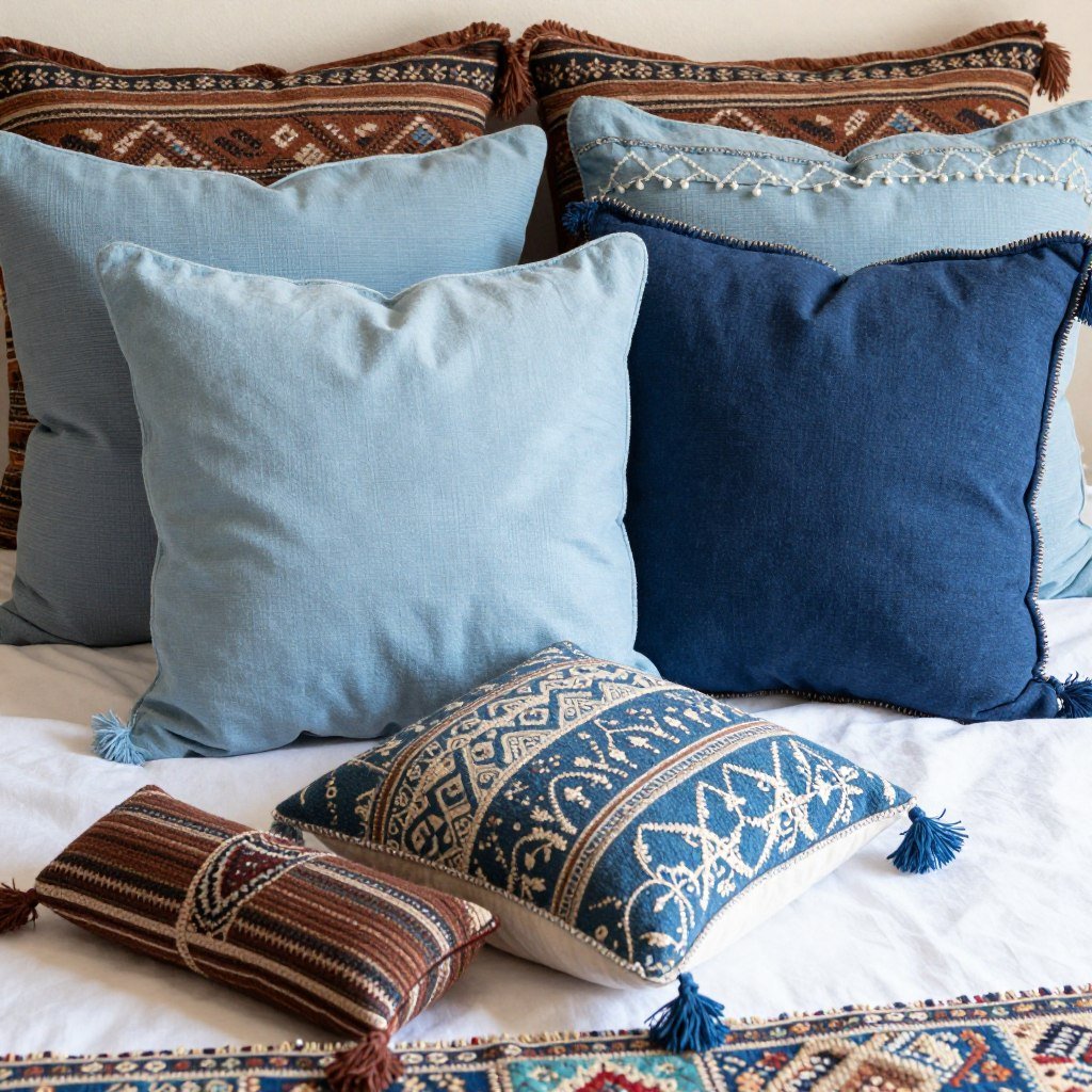 Close-up of layered bohemian pillows in blue and brown