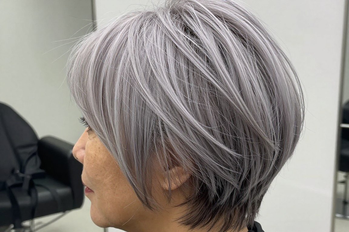 Close-up of layered short haircut showing volume and texture