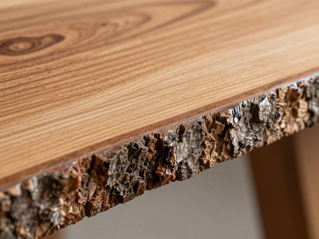 Close-up of live edge wood grain and bark detail