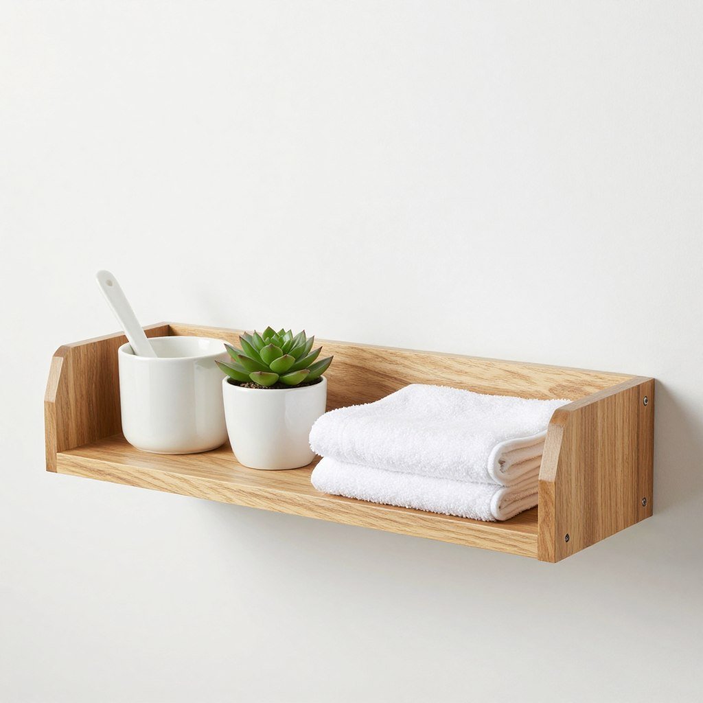 Close-up of natural oak floating shelf with minimalist bathroom accessories