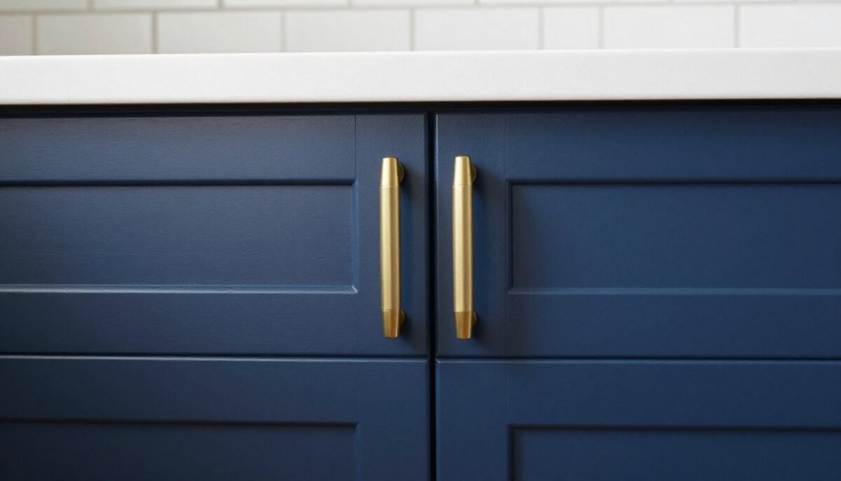Close-up of navy blue cabinets with gold hardware and white countertops Close-up of navy blue cabinets with gold hardware and white countertops