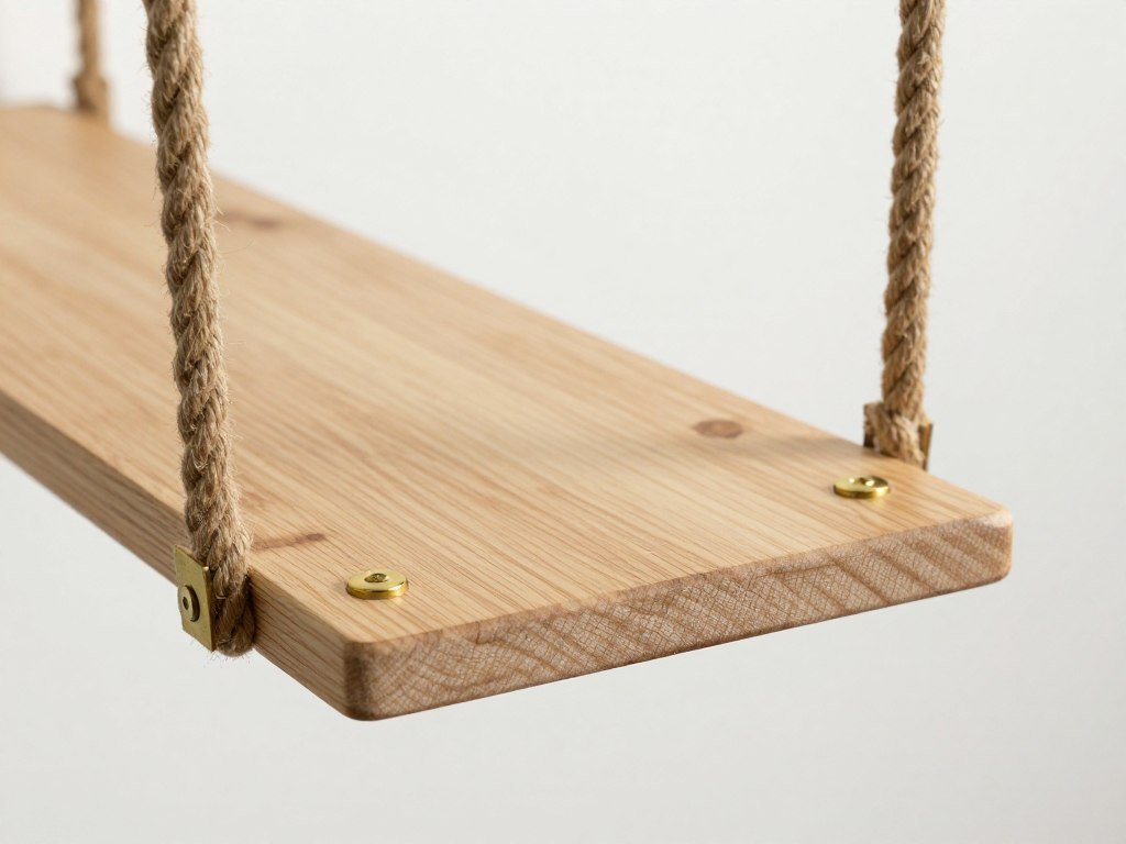 Close-up of rope-suspended cat bridge with natural wood plank