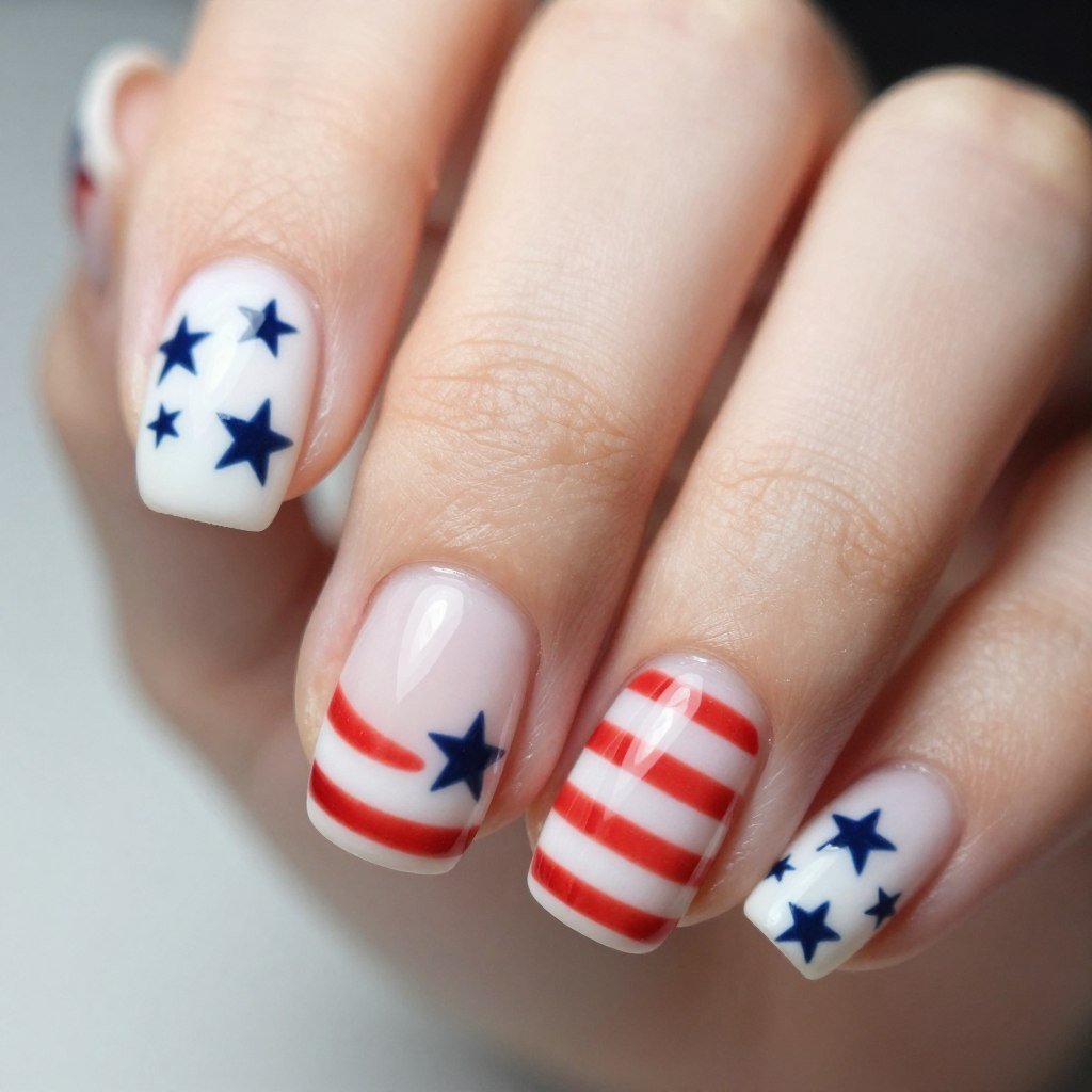 Close-up of stars and stripes nail art design with red white and blue patriotic theme