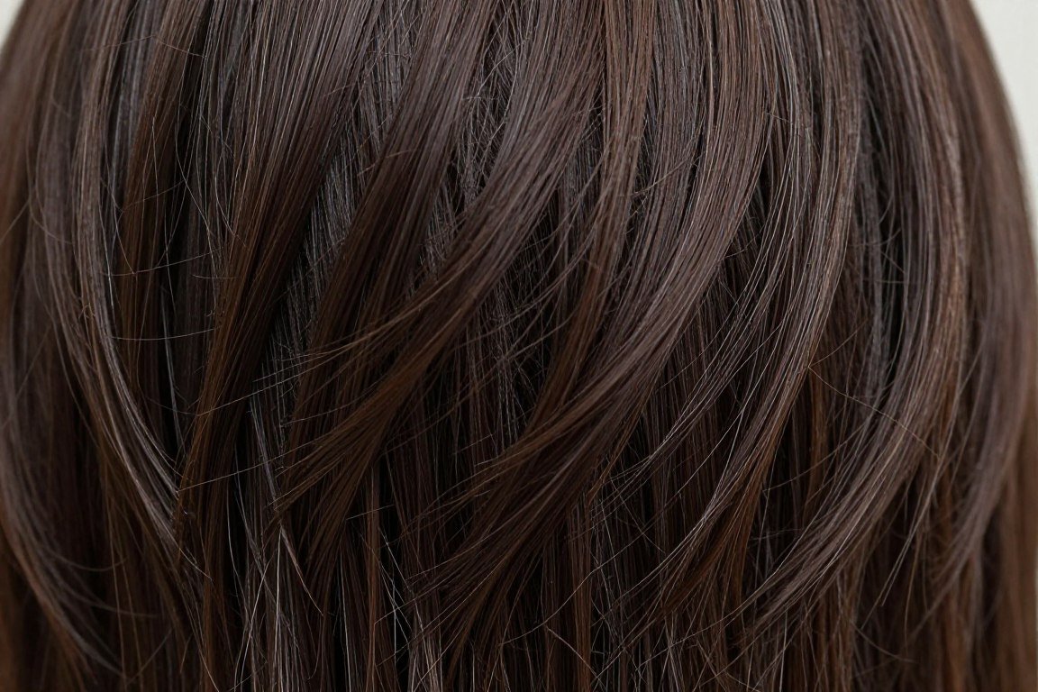Close-up of textured layers in dark hair shag