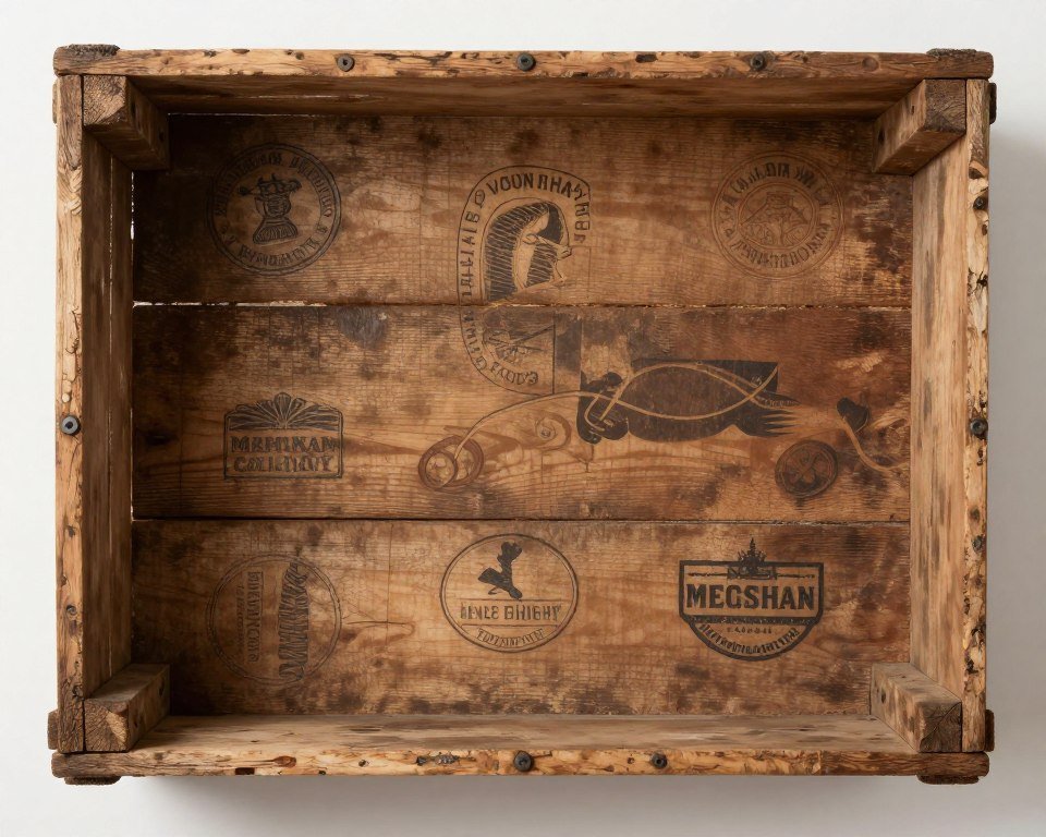 Close-up of vintage wooden crate showing aged wood and stamps