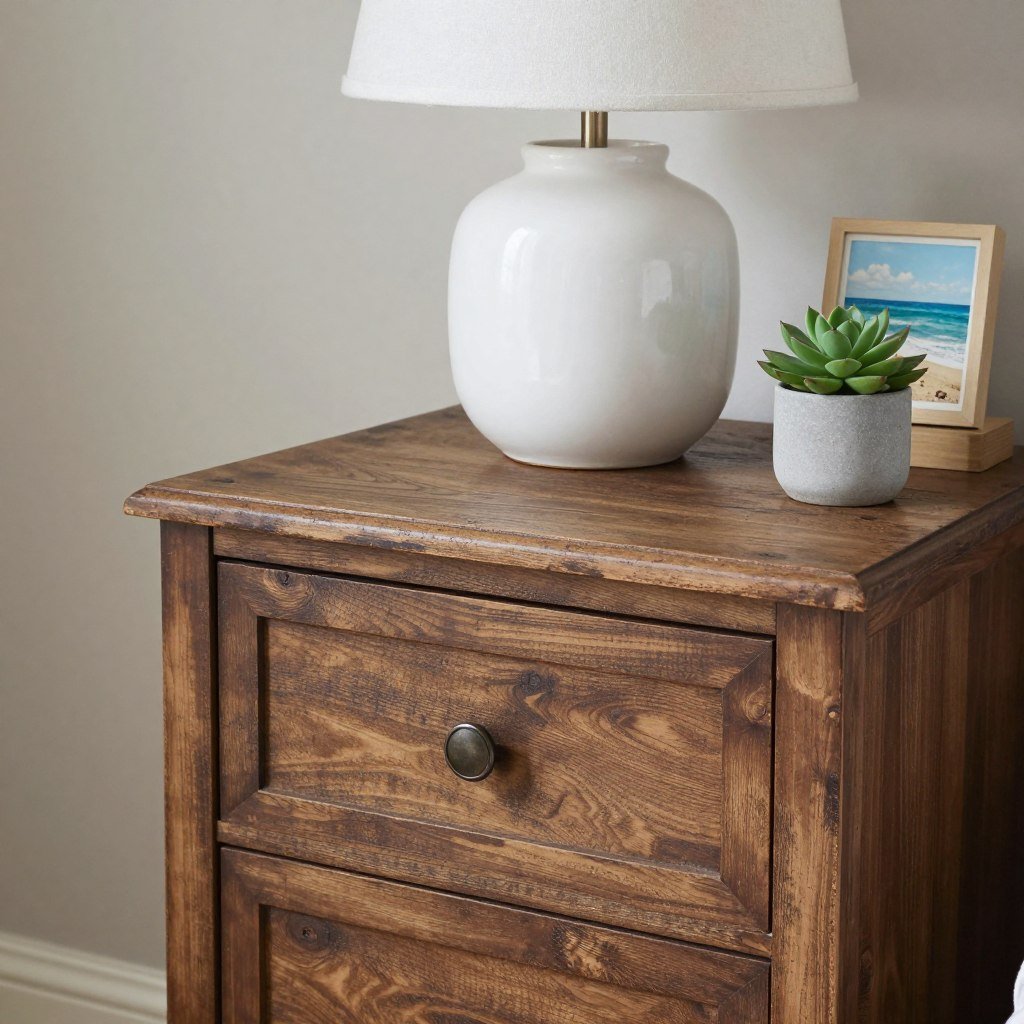 Close-up of weathered brown wood nightstand with coastal decor