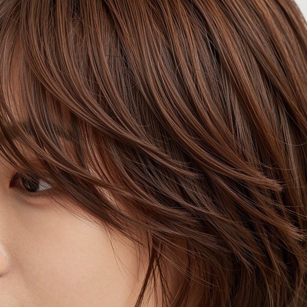 Close-up of wispy bangs in wavy shag haircut