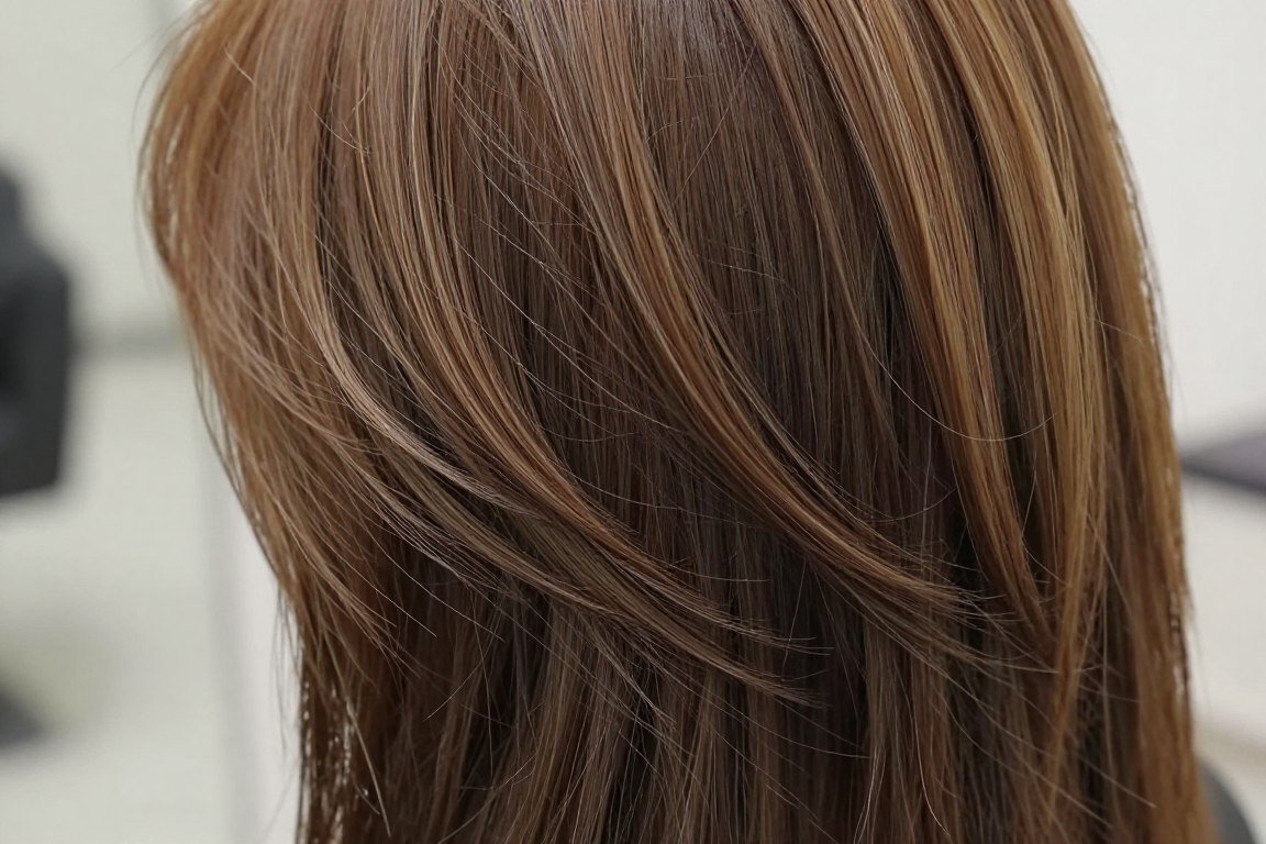 Close-up showing balayage color placement in shag layers