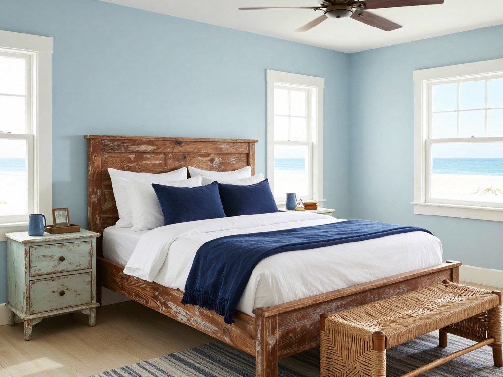 Coastal bedroom with pale blue walls and weathered brown wood furniture
