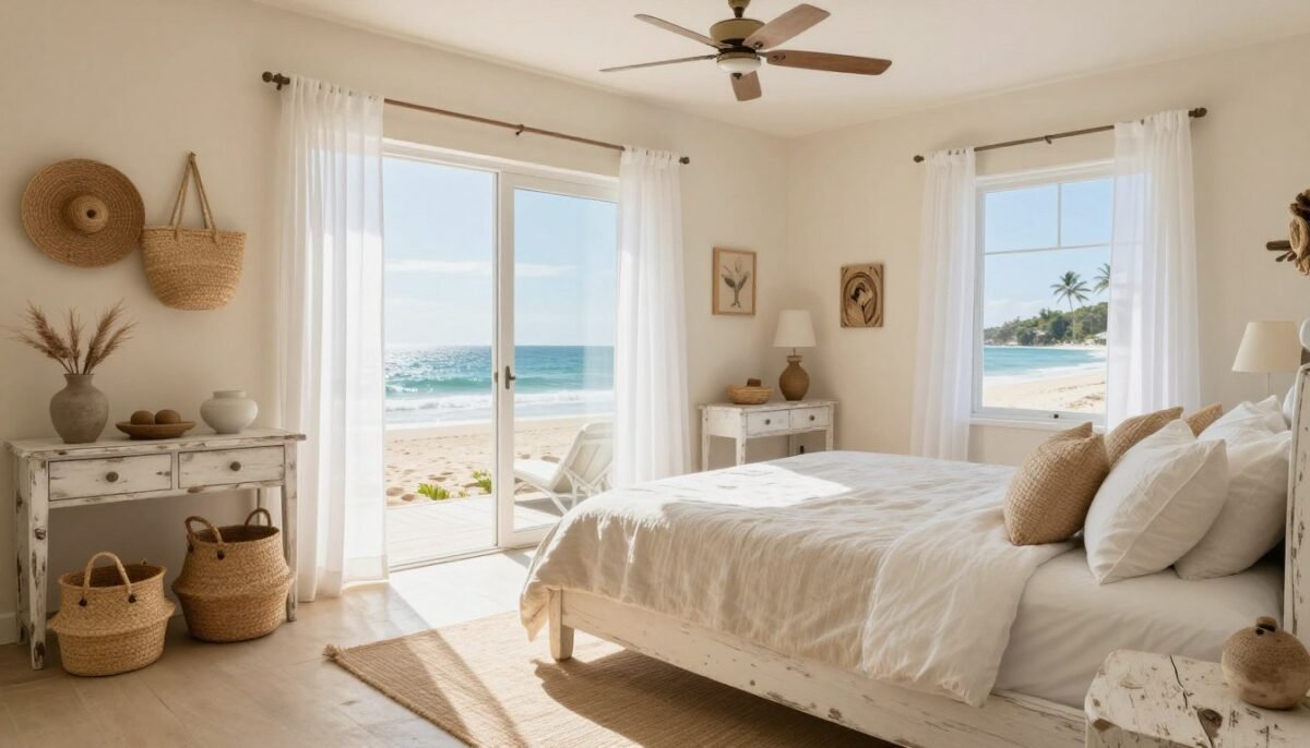 Coastal cream bedroom with weathered white furniture and beach-inspired decor
