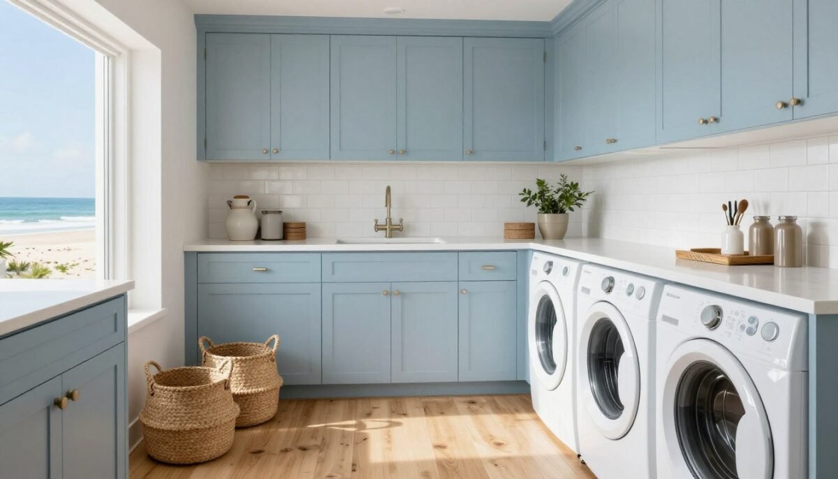Coastal themed laundry room with blue cabinets and beach-inspired decor Coastal themed laundry room with blue cabinets and beach-inspired decor