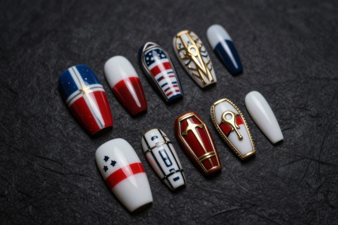 Coffin shaped nails with detailed patriotic art on flat surface