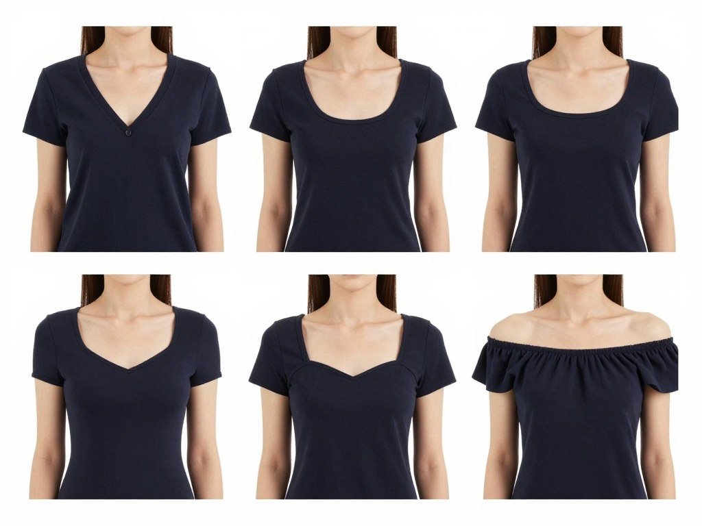 Collage showing various neckline styles on short torso body type