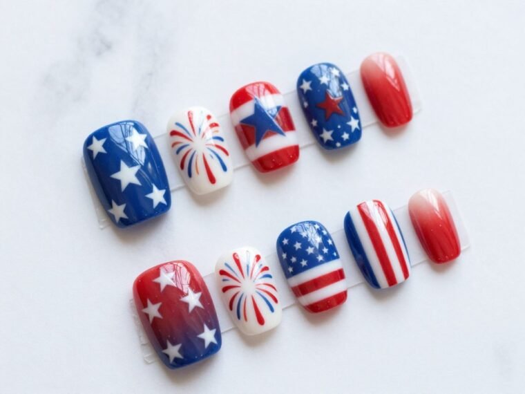 Collection of 4th of July square nails featuring stars, stripes, and patriotic designs in red, white, and blue colors