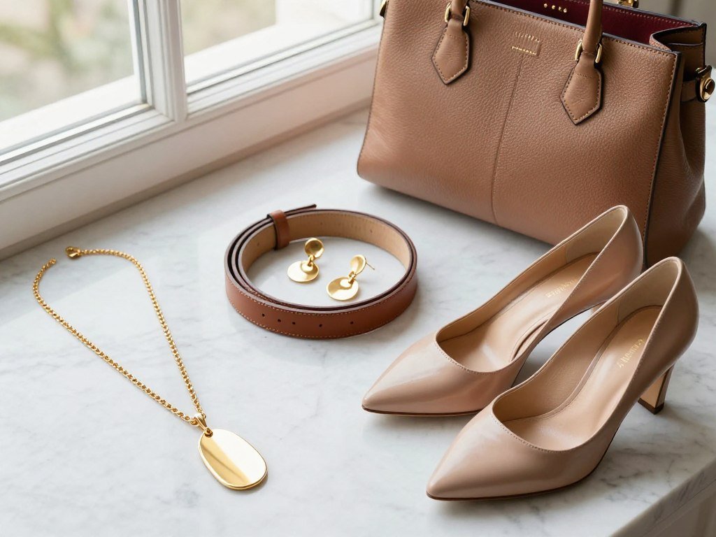 Collection of accessories including jewelry, belt, bag and shoes for styling high-waisted jeans