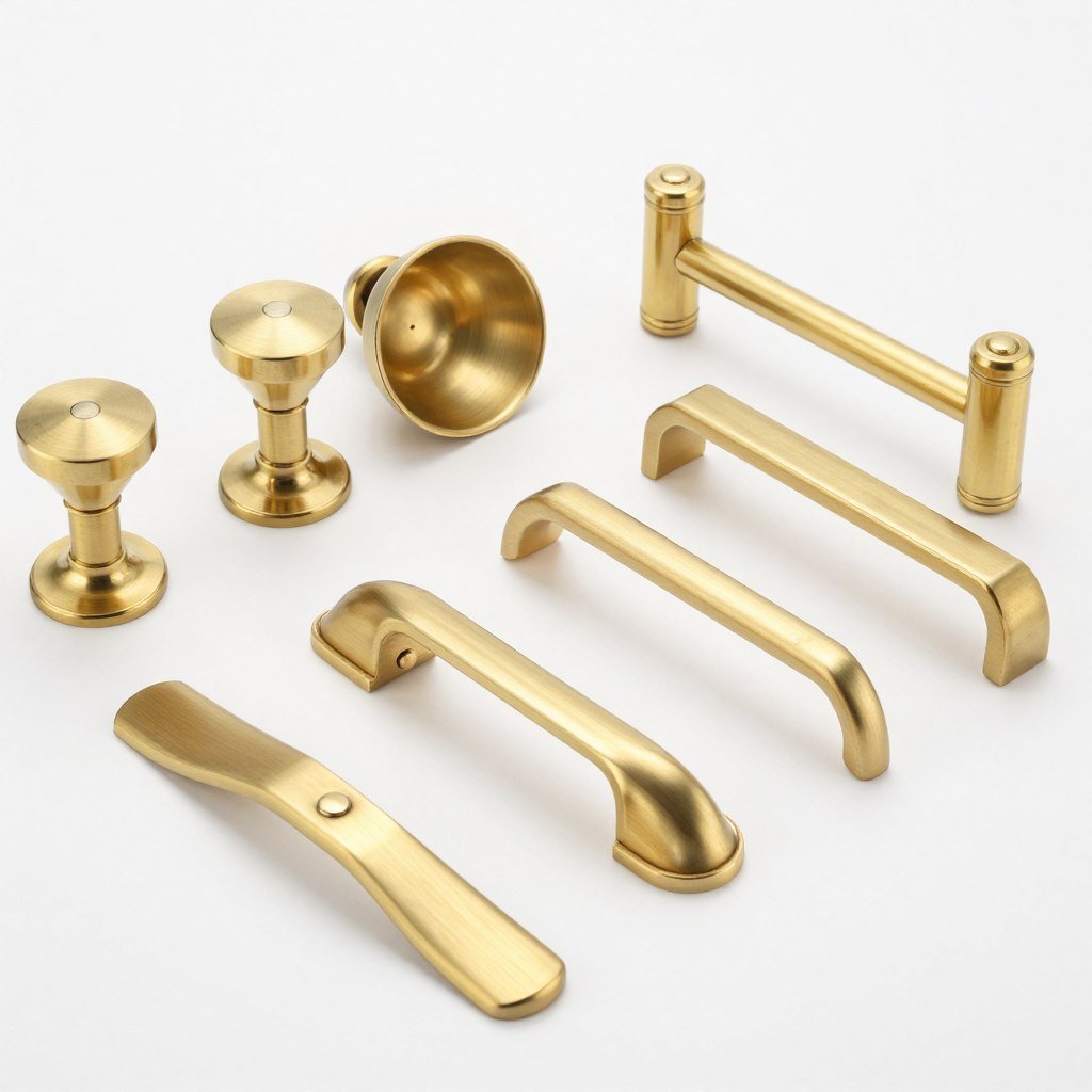 Collection of brass cabinet hardware on white background