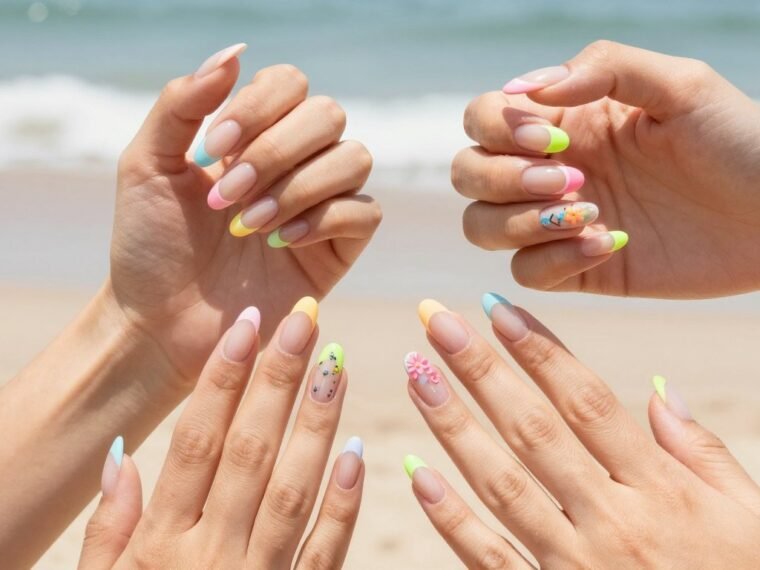 Collection of colorful summer french tip nails displayed on hands against bright beach background