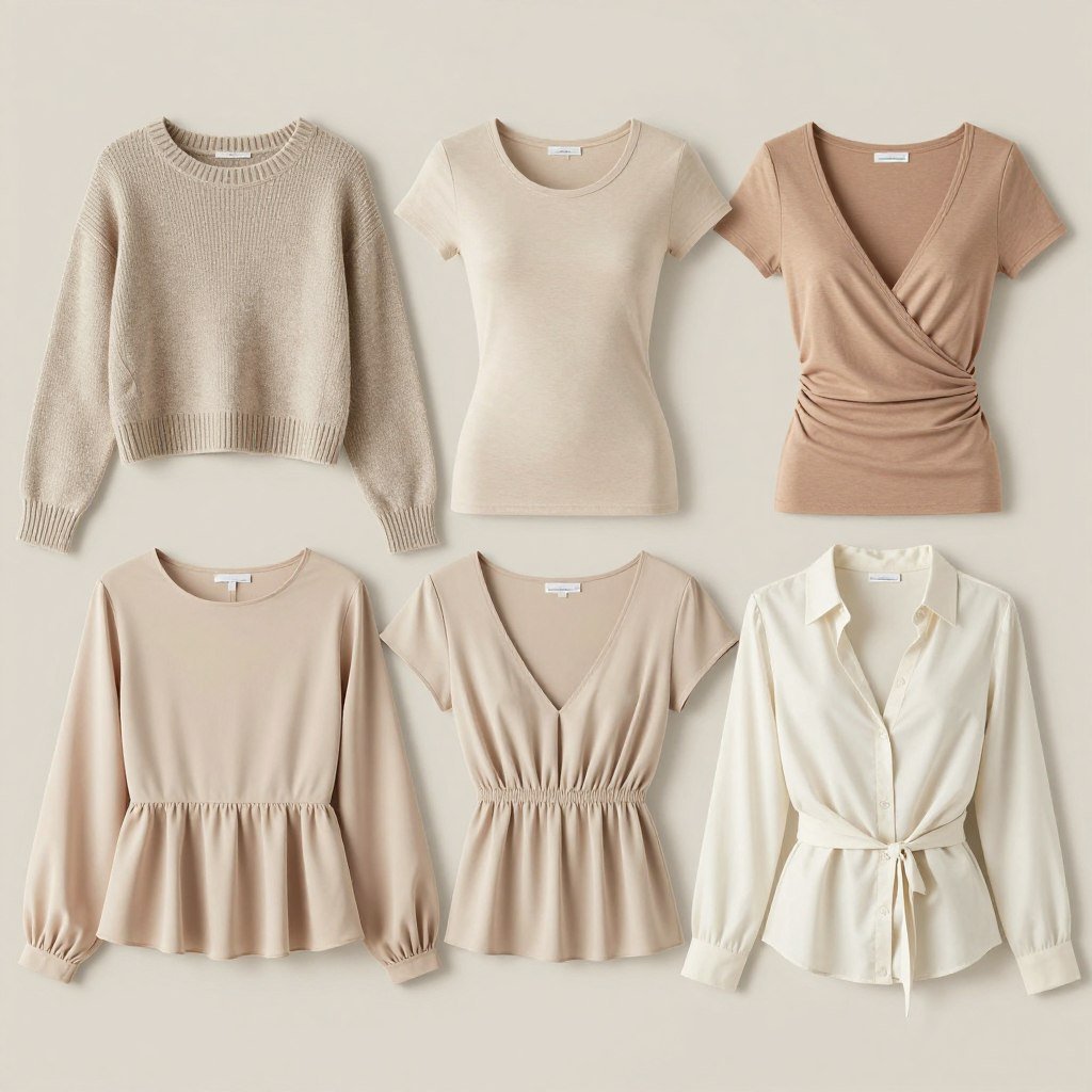 Collection of flattering tops for short torso including cropped styles and tucked options