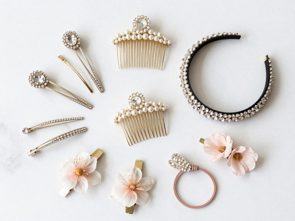 Collection of prom hair accessories including clips, pins, and headbands