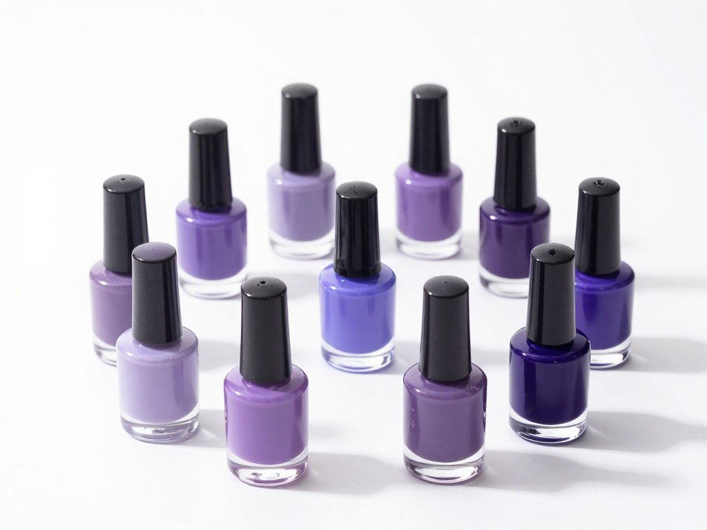 Collection of purple nail polish bottles in various shades