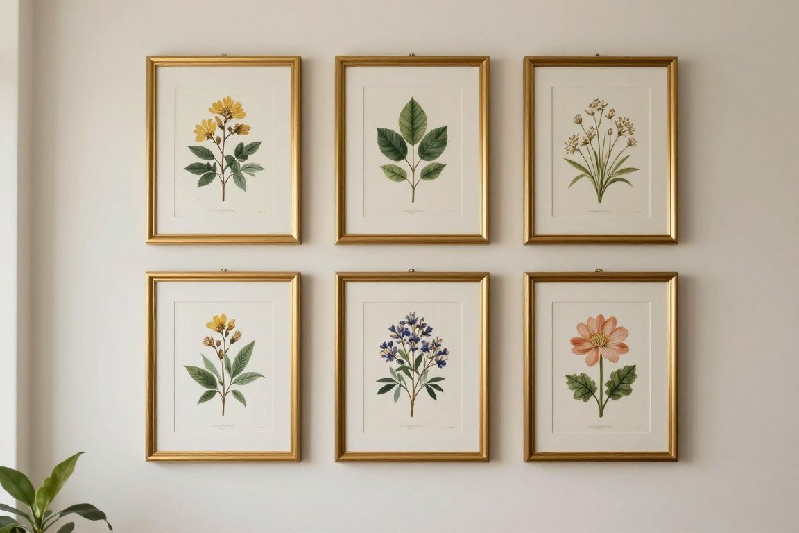 Collection of small botanical prints arranged on bathroom wall