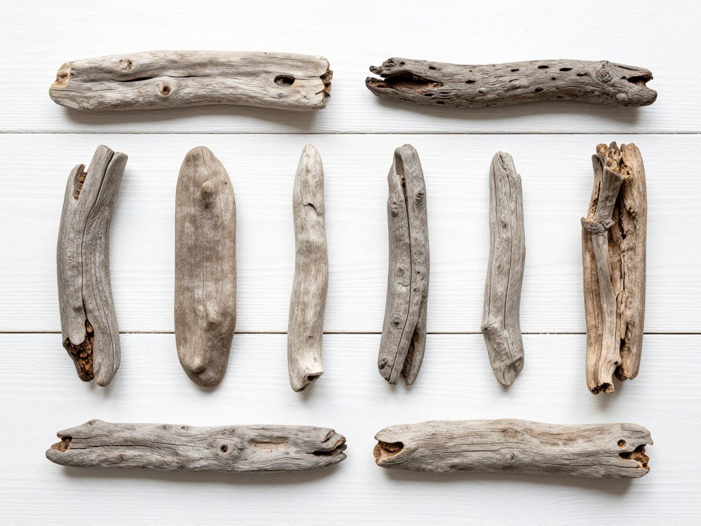Collection of various sizes and shapes of driftwood pieces laid out on a white surface showing preparation for driftwood crafts for kids