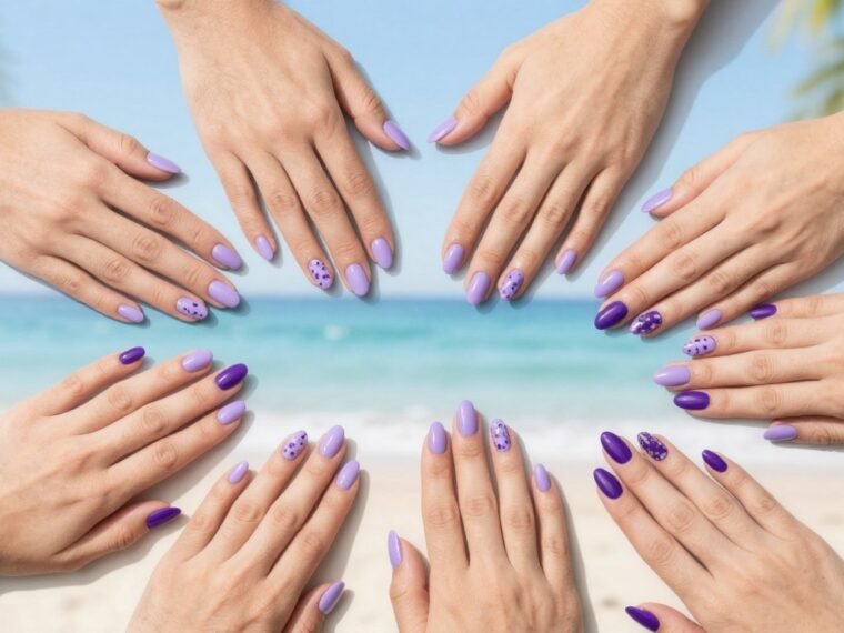 Collection of vibrant purple summer nail designs featuring lavender, lilac, and violet shades with various nail art styles