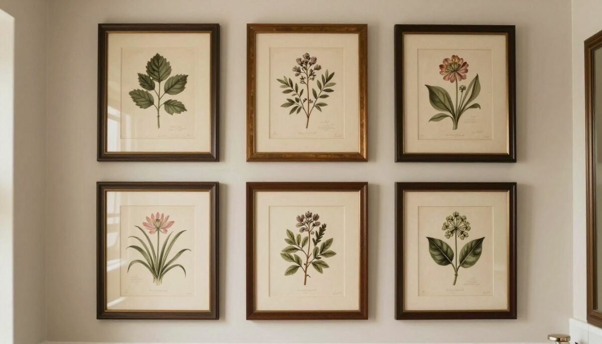 Collection of vintage botanical prints gallery wall bathroom