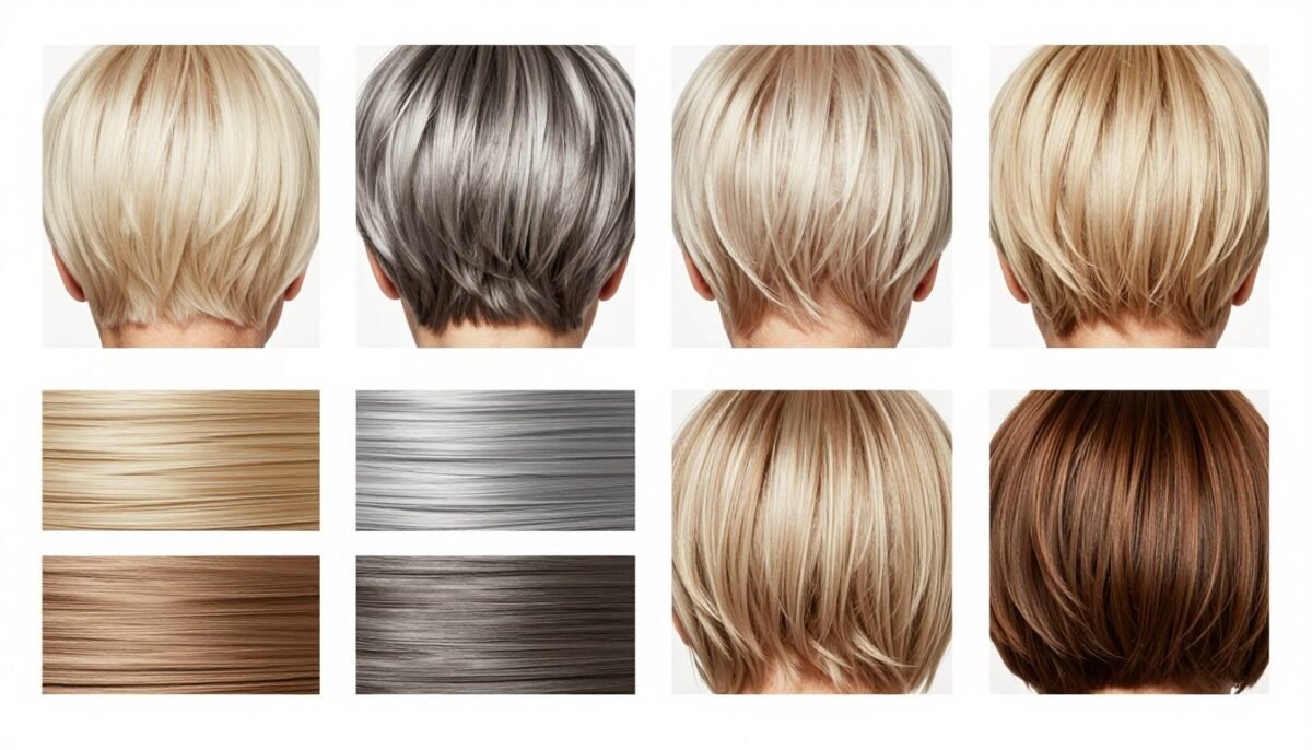 Color palette showing flattering hair colors for women over 60 with pixie cuts