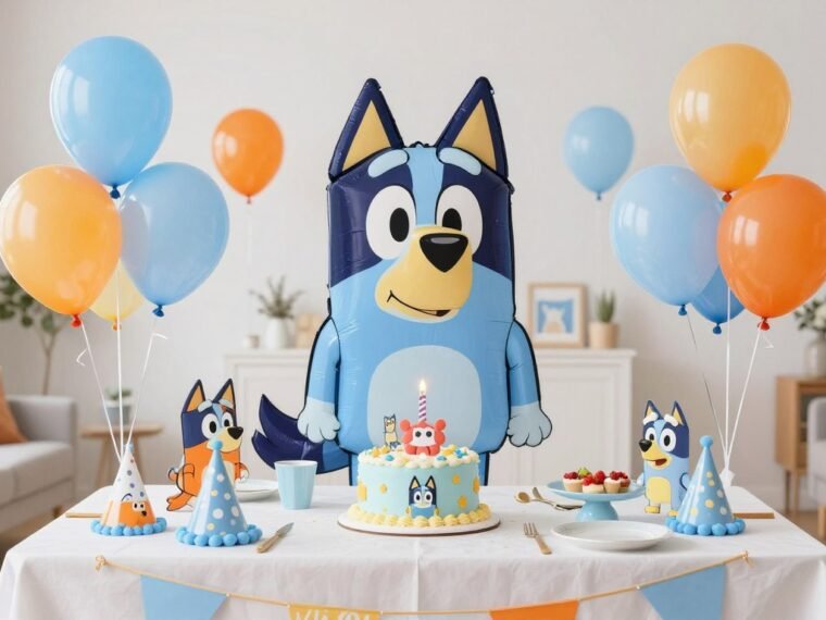 Colorful Bluey birthday party setup with balloons and decorations