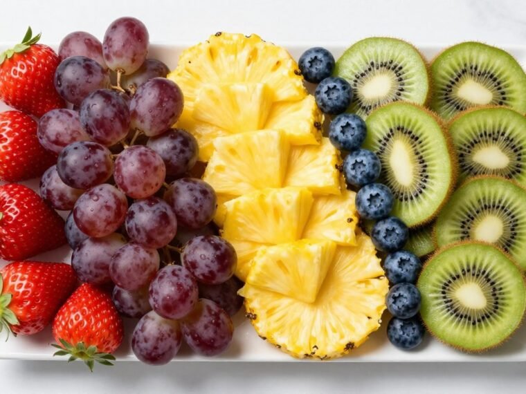 Colorful DIY fruits tray arrangement with strawberries, grapes, and pineapple