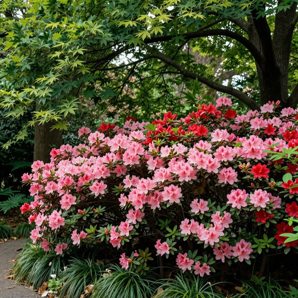 Colorful azalea shrub blooming under tree canopy